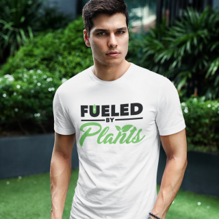 “Fueled By Plants” TR3JO Design Men’s Sustainable T-shirt in white